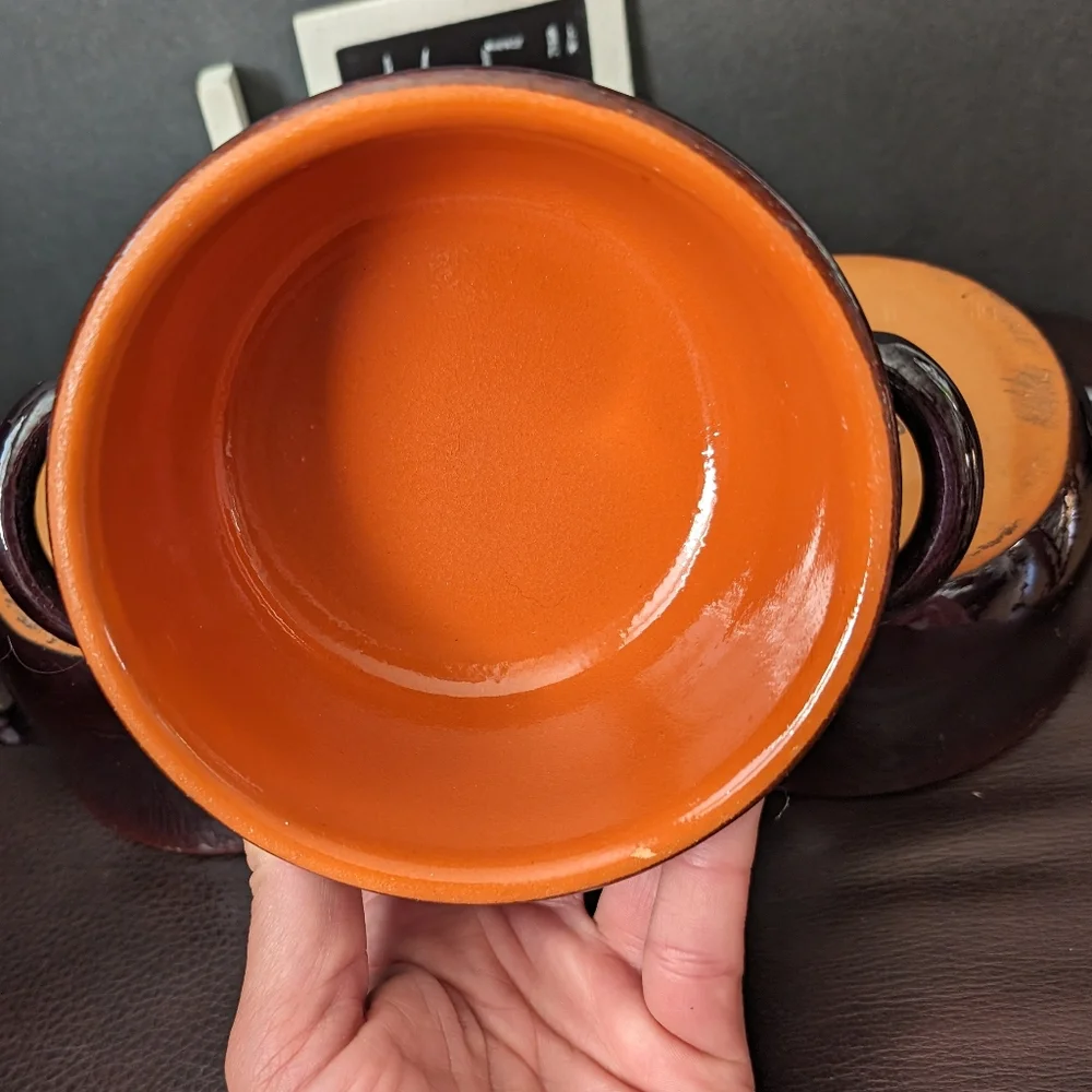 Vintage redware brown/ orange glazed crockery soup bowls‎ with handles lot of 3